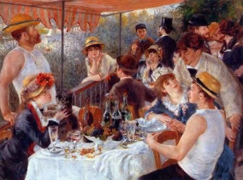 Amigos de Renoir relaxando em uma varanda ao longo do rio Sena, pintura de Renoir. #PraCegoVer