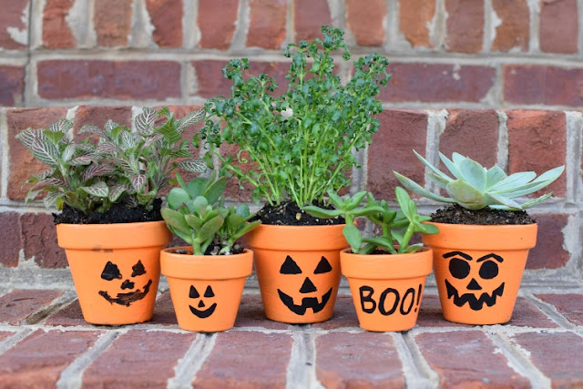 Jack-O-Lantern Flower Pots - Kid's craft for Halloween.  Children will love painting friendly or spooky jack-o-lantern faces!  Great activity for kindergarten or elementary kids.