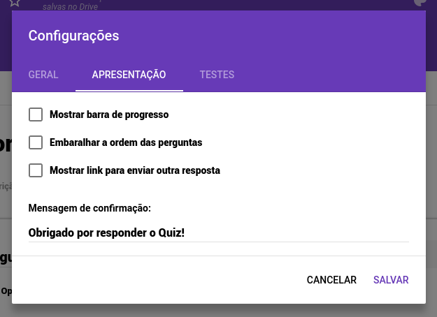 Configurações > Apresentação