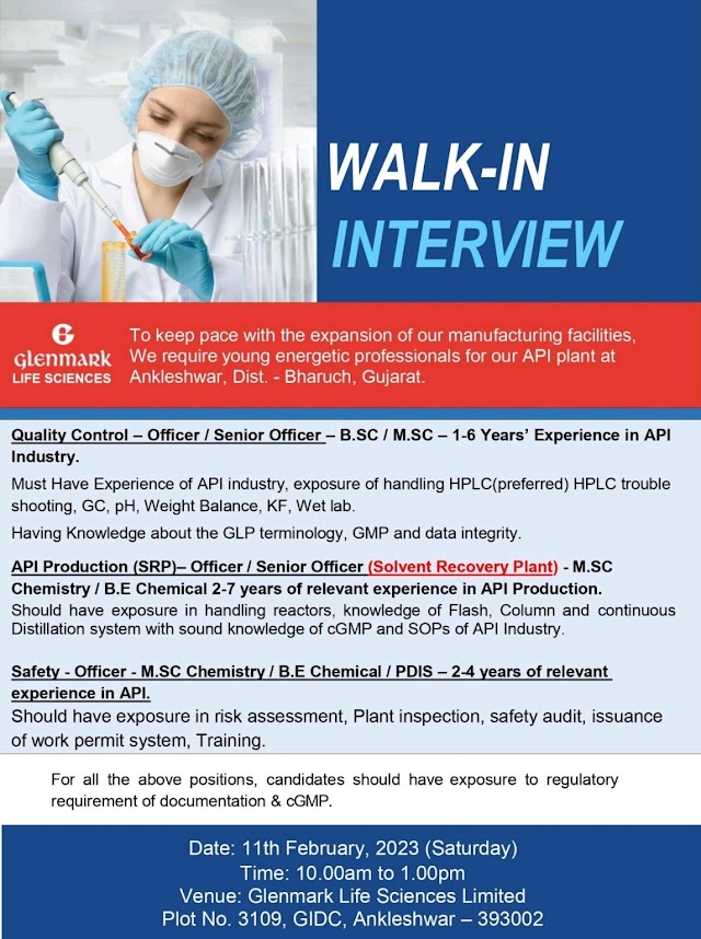 Glenmark Life Sciences | Walk-In Interview for QC/ Production/ Safety on 11th February 2023