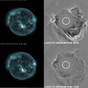 Dwa silne rozbłyski - klasy X1.0 i M8.6 z dwoma CME typu full-halo skierowanymi bezpośrednio ku Ziemi (08.05.2024). Credit: SDO-LASCO