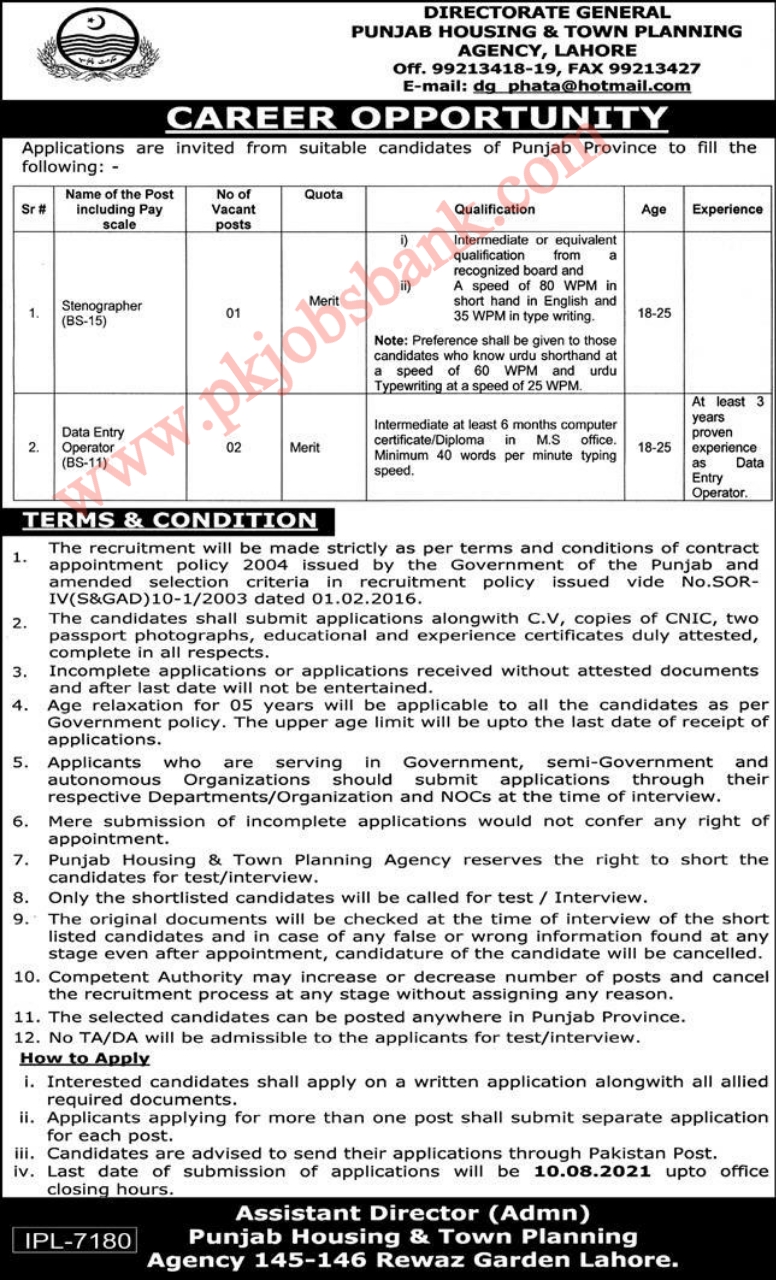 Punjab Housing amd Twon Planning Agency Lahorr Latest Jobs Stenographer Data Entry Operator Jobs July 2021