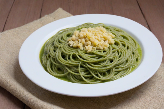 Imagen de un plato de espagueti verde vibrante servido en una mesa elegante, rodeado de los ingredientes frescos utilizados en la receta, incluyendo chiles poblanos, espinacas, cilantro y crema, destacando la rica textura cremosa de la salsa verde que cubre perfectamente la pasta, con un toque final de queso parmesano rallado espolvoreado encima.