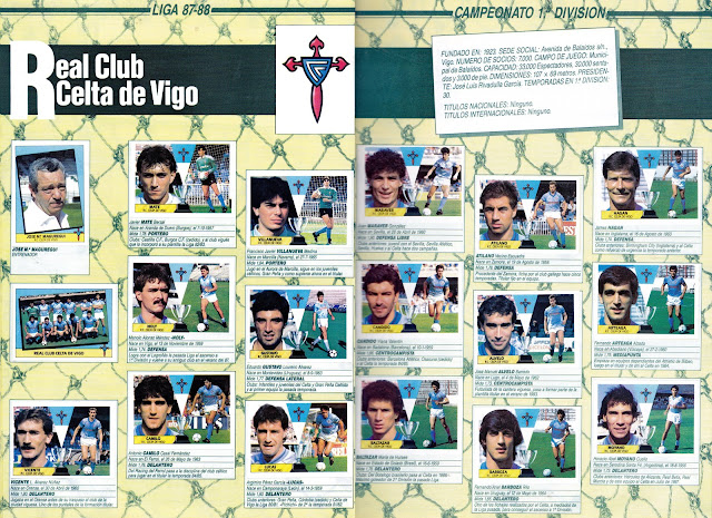 REAL CLUB CELTA DE VIGO. Temporada 1987-88. Escudo. José María Maguregui (entrenador), Maté, Villanueva, Maraver, Atilano, Hagan. Equipo, Noly, Gustavo, Cándido, Alvelo, Arteaga. Vicente, Camilo, Lucas, Baltazar, Barbosa, Moyano. Álbum de cromos LIGA 87-88, Colecciones Este.