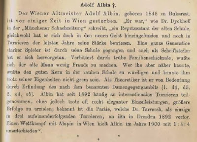 Obituario de Adolf Albin en Deutsche Schachzeitung