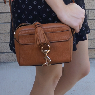 black printed shorts with Rebecca Minkoff MAB Camera Bag in almond | away from the blue
