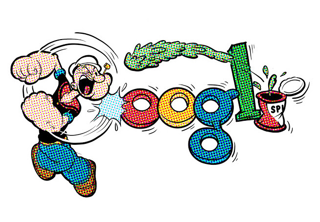 Google Doodle of Popeye laying a big punch on letters sending a bunch of spinach towards him