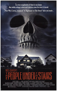 A suburban house is overlooked by a giant skull in the clouds. The text reads 'In every neighbourhood, there is one house that adults whisper about and children cross the street to avoid.' 'Now Wes Craven, creator of "A Nightmare on Elm Street" takes you inside...' 'Wes Craven's The People Under The Stairs'