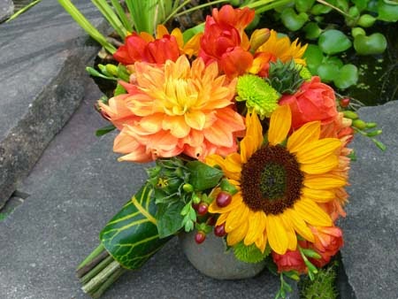 orange sunflower wedding bouquet