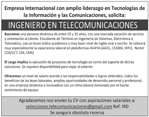 #Empleo Solicitamos Ingeniero en Telecomunicaciones