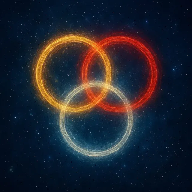 A visual symbol of the Christian Trinity with three glowing, interlocked rings against a starry sky, representing the eternal unity of God, Jesus Christ, and the Holy Spirit.