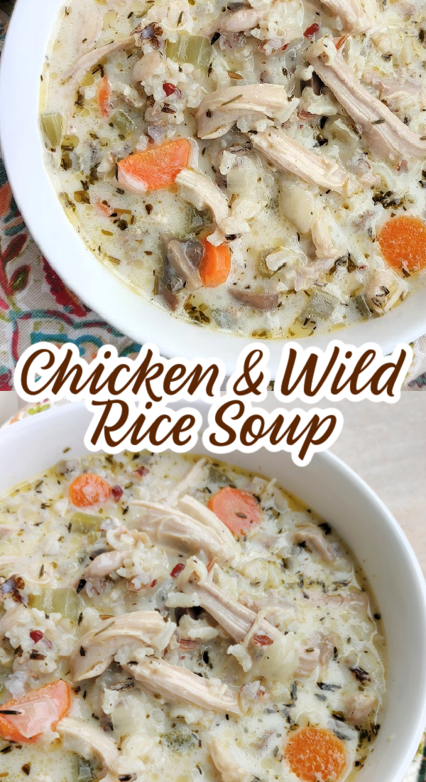 This is a photo of chicken and wild rice soup served on two white bowls. 
