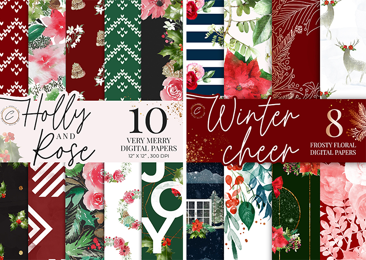 Watercolor Holiday Digital Paper Pack,  Winter Floral scrapbooking patterns, Christmas Planner Pritables