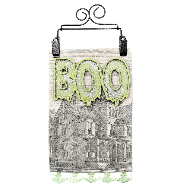 Haunted House Canvas Banner with Embossed Boo Chipboard Shaker Filled with Glass Glitter