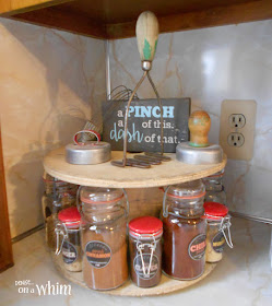 Mason Jar Spice Rack on an Old Spool with Vintage Kitchen Utensils and a Sign | Denise on a Whim