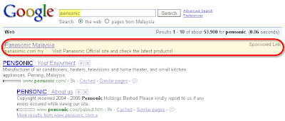 Google Search by Pensonic Showing Panasonic Ads