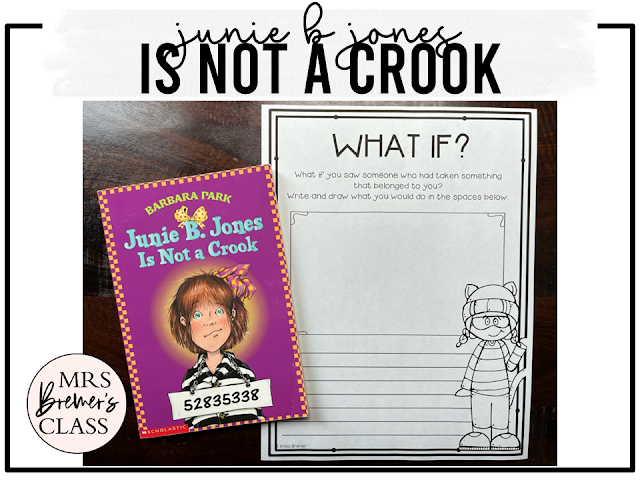 Junie B Jones is Not a Crook book activities unit with literacy printables, reading comprehension worksheets, companion activities, and lesson ideas for First Grade and Second Grade