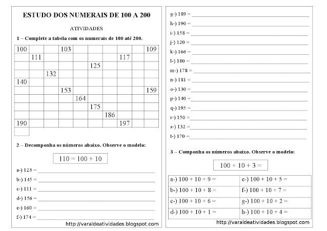 completar tabelas de 100 a 200, composição e decomposição números de 100 a 200
