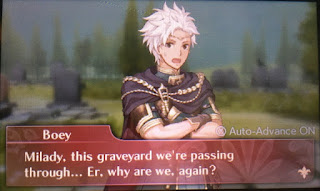 Boey is a young man with spiky white hair in a dull purple robe over a blue-green shirt. He wears several gold chains and a gold collar. He says "Milady, this graveyard we're passing through. Er, why are we, again?"