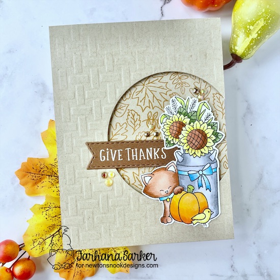 Fall themed card set by Farhana Sarker | Paw-tumn Newton Stamp Set, Fall Roundabout Stamp Set, Circle Frames Die Set and Basketweave Stencil by Newton's Nook Designs #newtonsnook