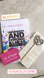 University and Chronic Illness A Survival Guide is pictured from a photo Charlotte took, Pippa’s business card and a ‘chronically studying’ wooden bookmark are both in the photo.