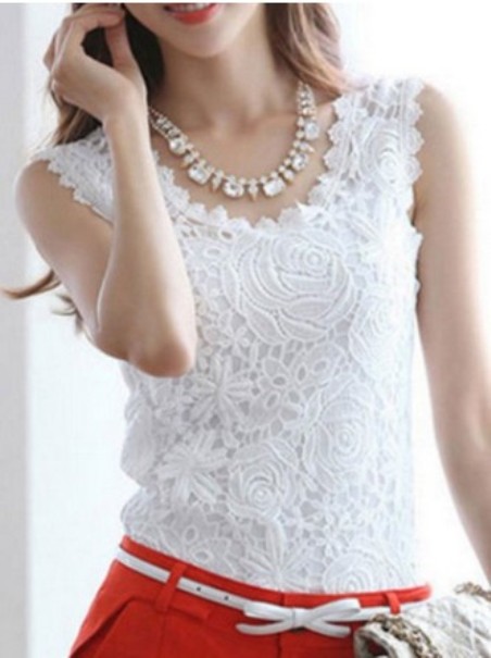 Spring Summer Cotton Women Round Neck Lace Sleeveless Blouses– Price:$ 14.81