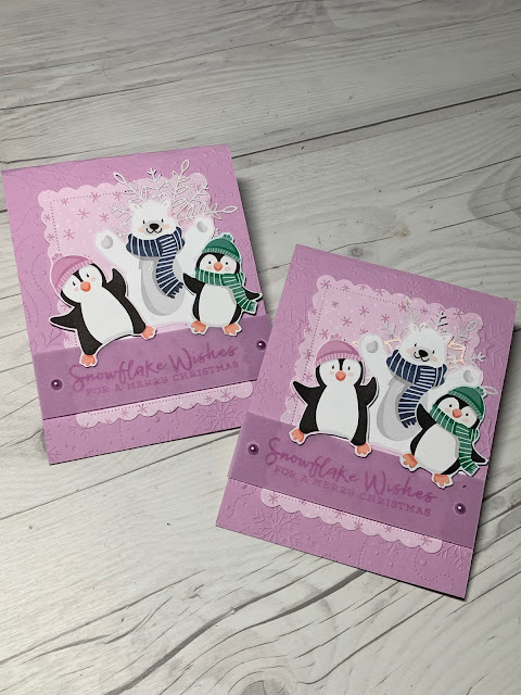 Hand-made CHristmas Card using images from the Stampin' Up! Penguin Playmates 12" X 12" Designer Series Paper