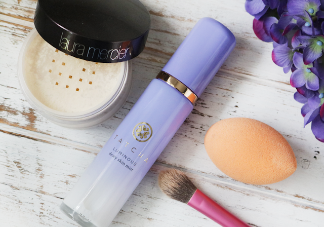 How to avoid cake face and over applying makeup. Tatcha Luminous Dewy Skin Mist, Real Techniques, Laura Mercier