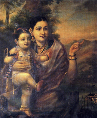 Sri Krishna, as a young child with foster mother Yashoda painting Raja Ravi Varma