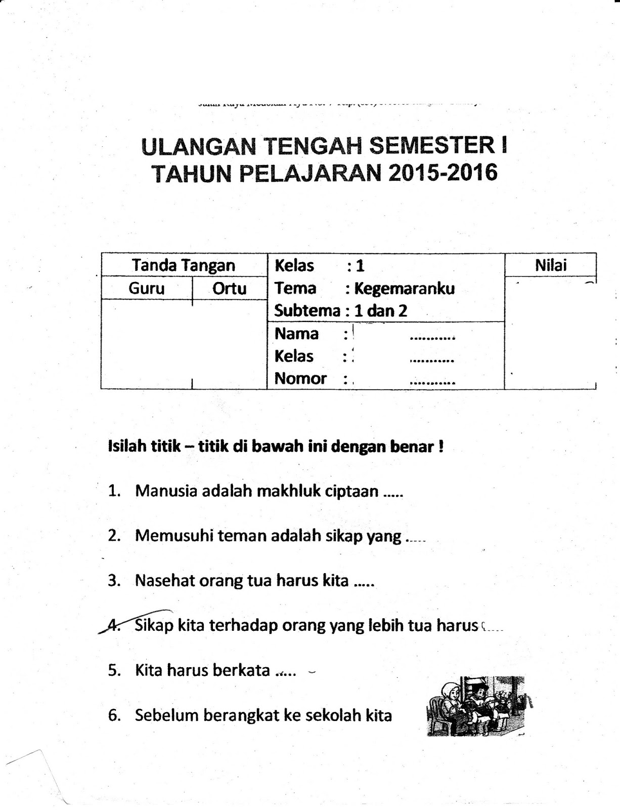 UTS Matapelajaran Kegemaranku SD Kelas 1 Semester Ganjil TA 2015 2016 Kurikulum 2013