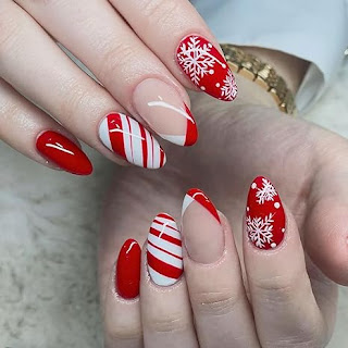 Stripe Snowflake Almond nails design
