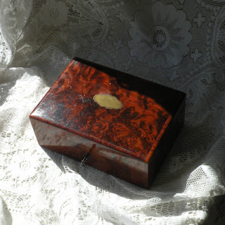 French Antique Wooden Jewelry Box with Blue Silk Lined Cushion Interior