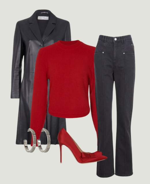 Collage of an outfit created from entirely preloved designer pieces. Pieces consist of Max Mara Leather Trench Coat, Isabel Marant Straight Leg Black Jeans, Isabel Marant Cashmere Red Sweater, Gianvito Rossi Kyoto Heels and Fendi Crystal Hoop Earrings