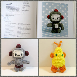 Collage of  crochet pattern book, The Crobots, with examples of crocheted robots
