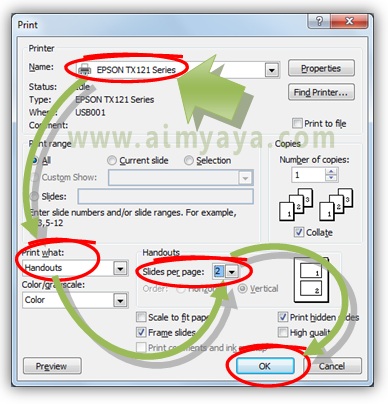 Gambar: Cara membuat print 2 slide per halaman kertas di Microsoft Powerpoint