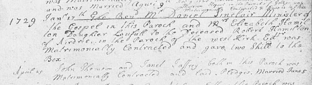 Daniel Sinclair marriage record  from  copy of the old parish register of births for Longformacus