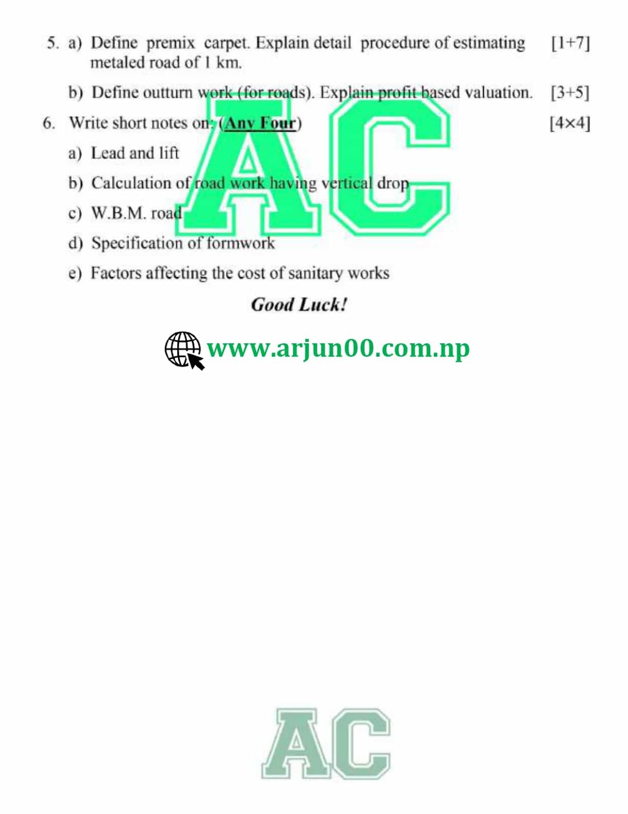 Estimating and Costing II : 2082 to 2079  Question Paper of Fifth Semester, Diploma in Civil Engineering- DCE ,CTEVT, Diploma,  Estimating and Costing II: 2082, 2081,2080, 2079 Question Bank, , arjun00 , CTEVT, Diploma, Nepal, DCE, Question Bank,Estimating and Costing II New Question Paper, Estimating and Costing II Question paper, CTEVT, Arjun00pdf