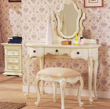 vintage style white makeup table with drawers and stool