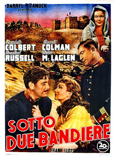 SOTTO DUE BANDIERE. Cartel. Italia. Arte: Giuliano Nistri. BAJO DOS BANDERAS. Under Two Flags. 1936. Dirección: Frank Lloyd. Reparto: Ronald Colman, Claudette Colbert, Victor McLaglen, Rosalind Russell, Gregory Ratoff, Nigel Bruce, C. Henry Gordon, Herbert Mundin, John Carradine, Lumsden Hare.