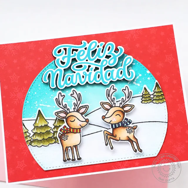 Sunny Studio Stamps: Feliz Navidad Holiday Card by Isha Gupta (featuring Stitched Semi-Circle Dies, Reindeer Games, Scenic Route)