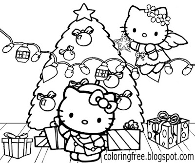 Celebratory festive X mass tree lighting girls holiday gifts Christmas Hello Kitty colouring pages