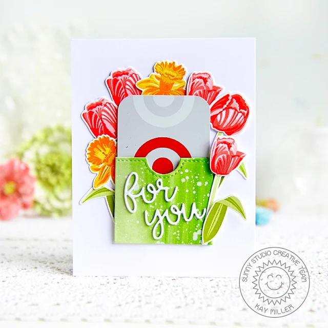 Sunny Studio Stamps: Gift Card Pocket Dies Timeless Tulips Daffodil Dreams Card by Kay Miller