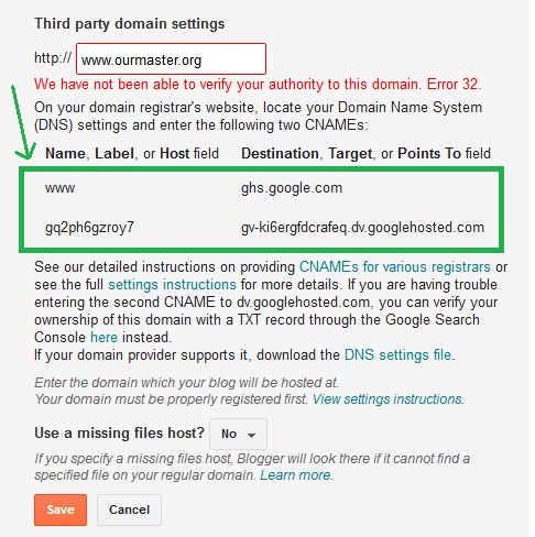 Blogger custom domain setup error message