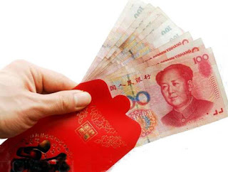 Mainland China Red Envelope Hong Bao stuffed with Chinese Yuan RMB Renminbi