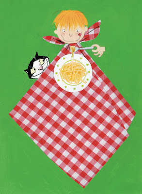 illustration of a boy eating spaghetti pasta by Robert Wagt