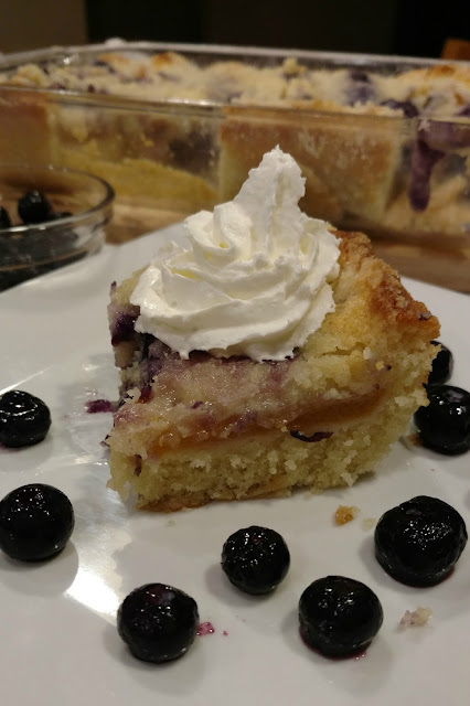 Blueberries and peaches are a winning combination in this cobbler cake where each bite is a burst of flavor.  Try other flavor combinations as well!