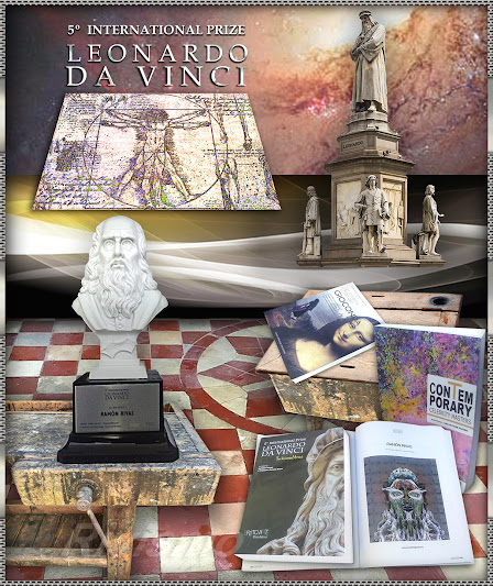 La escultura del Premio Internacional "Leonardo da Vinci", con las publicaciones de este evento y la obra ganadora de Ramón Rivas "El Protector