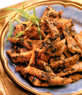 Tarragon turkey: strips of turkey breast coated in a tarragon, black pepper and white wine mix