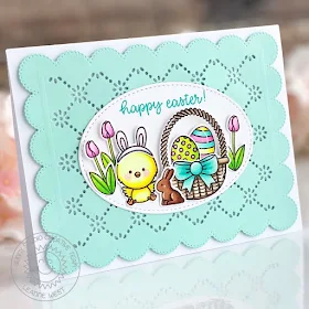 Sunny Studio Stamps: Frilly Frame Dies Stitched Oval Dies Chickie Baby Easter Card by Leanne West