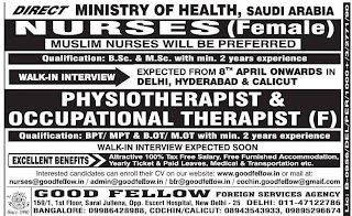 Nurses, Physiotherapist for KSA